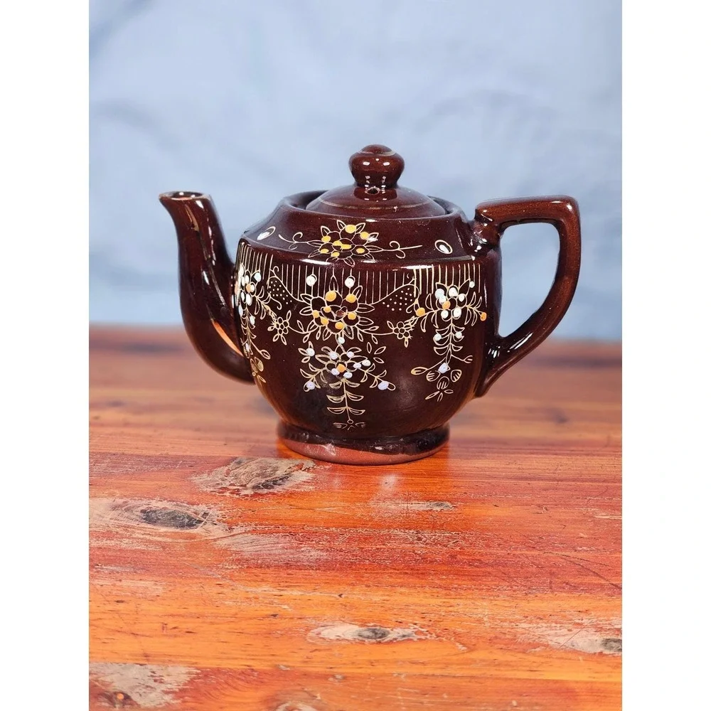 Vintage Made in Japan Brown Floral Ceramic Teapot Decorative Cottage Decor